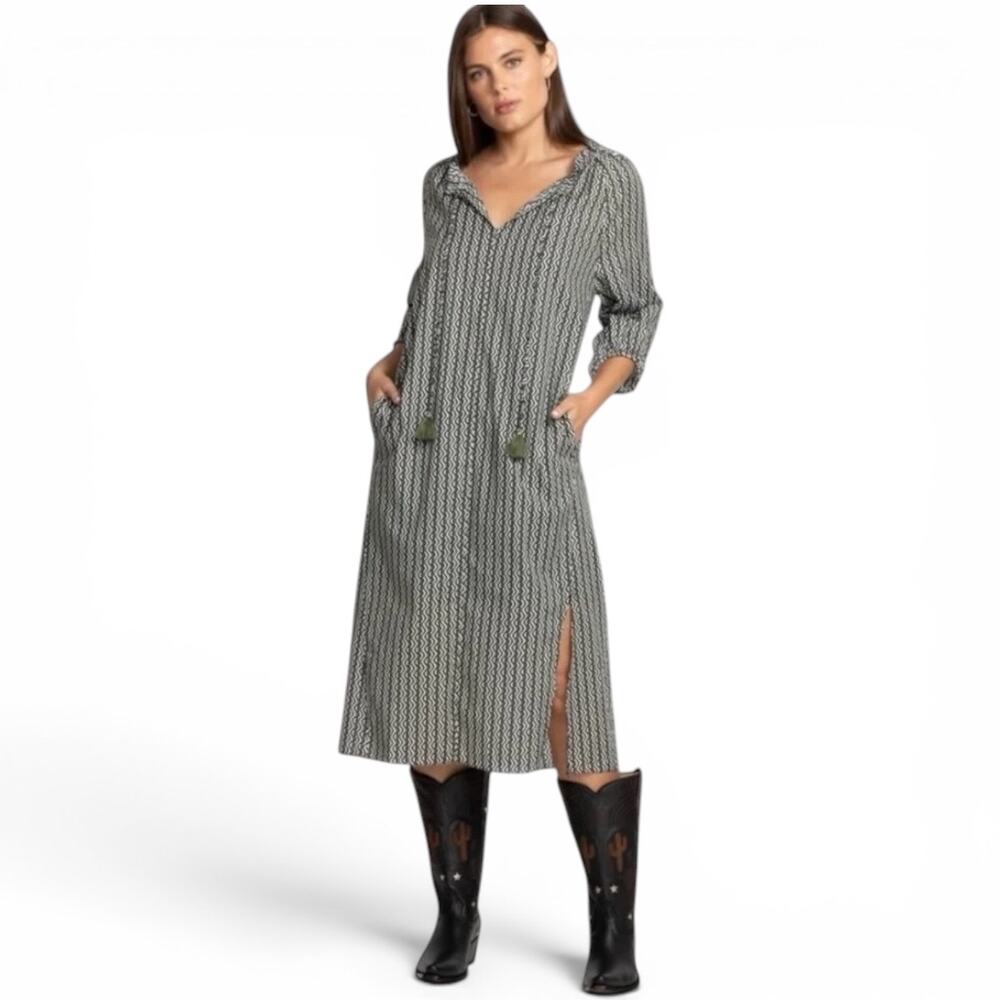 JOHNNY WAS CALME Cotton Split Ruffle Neck Midi Dress Olive Green/Black Size S